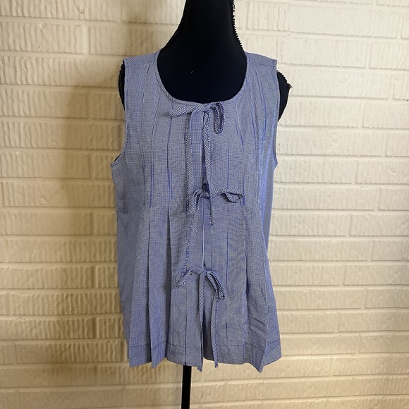 CeCe Tops - CeCe Gingham Blue Tie Top Boxy M Grandma Core Sleeveless Preppy Pleated Cotton